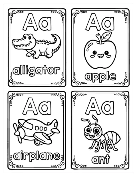 Bokstaven A visas på kort med en alligator, ett äpple, ett flygplan och en myra.