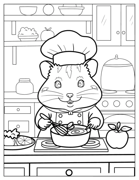 Med kokkehue på rører en hamster i suppe i et varmt køkken.