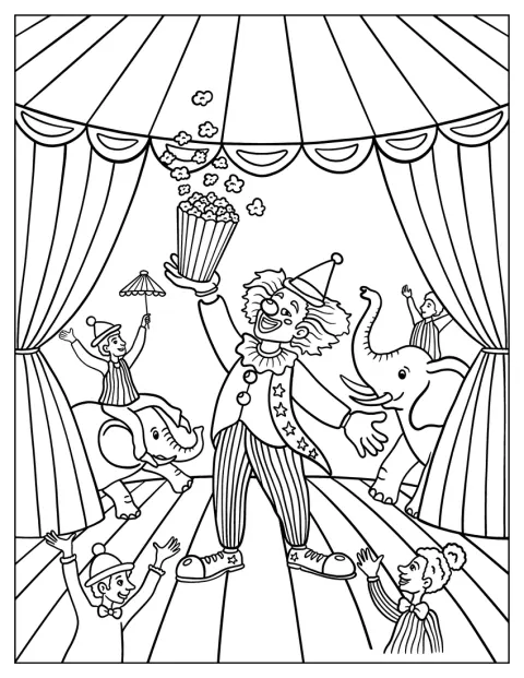 Een clown gooit popcorn de lucht in, terwijl olifanten dansen en het publiek juicht.