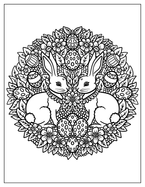 Hasen und Ostereier bilden ein symmetrisches Mandala mit floralen Verzierungen.