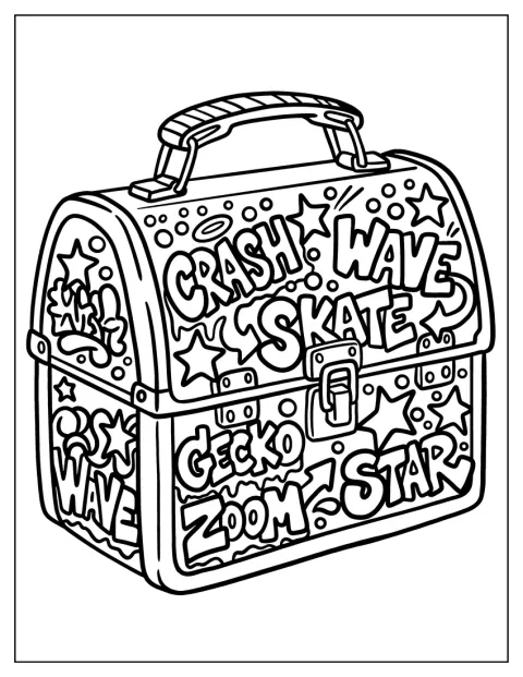 Ein Skateboard mit Graffiti-Muster liegt auf einem Koffer im Retro-Stil.