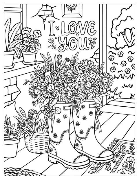 Des bottes ornées de fleurs sont posées sur un perron près d’un message d’amour.