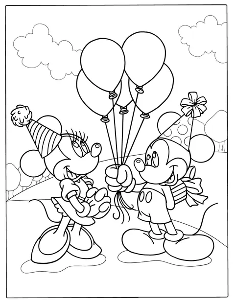 Mikke og Minni holder bursdagsballonger sammen.