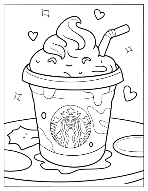 スターバックスのコーヒーがカップからあふれ、ハートや星が周りに浮かんでいます。