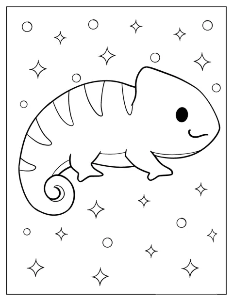 Uroczy kameleon w stylu kawaii siedzi z dużymi oczami.