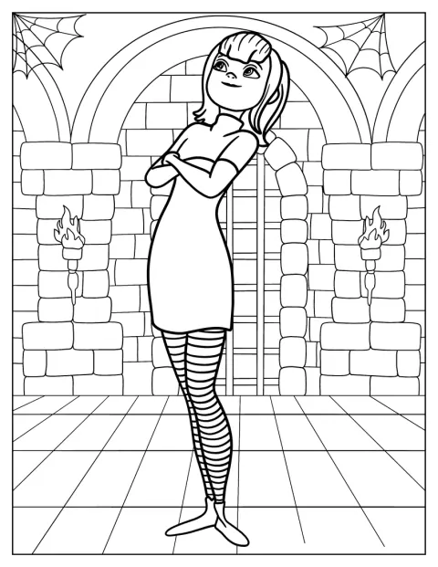 Mavis aparece de pie con su vestido y su larga melena negra.