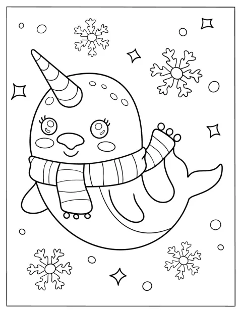 Narwal w ciepłym szaliku płynie przez wodę.