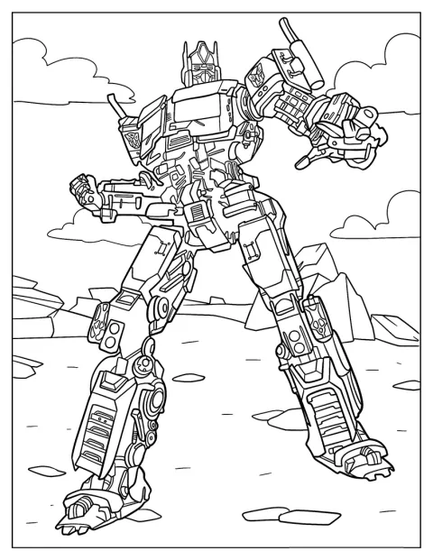 En detaljerad kontur visar Optimus Prime i robotform.