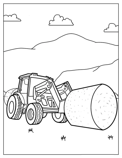 Simple Farm Tractor Coloring Page with Front Loader and Round Hay Bale