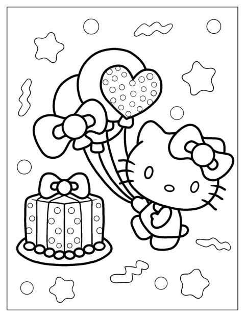 Hello Kitty świętuje urodziny z tortem i balonami.