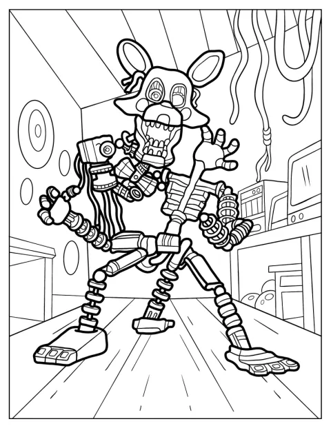 Mangle, l’animatronique désarticulé, apparaît avec son allure effrayante.