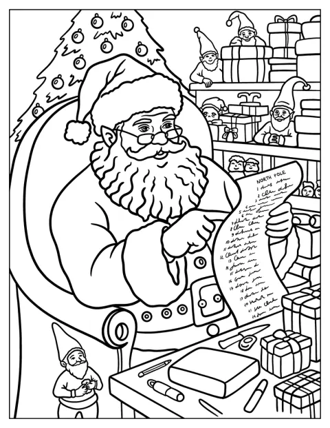 Santa Coloring Page of Claus Checking the Nice List in His Workshop