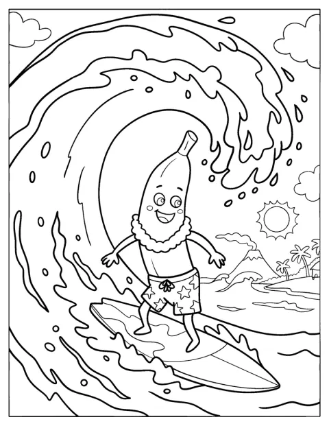 Cartoon Banana Surfing Coloring Sheet