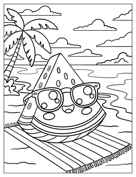 Une pastèque portant des lunettes de soleil se trouve près de la mer, sous un palmier.