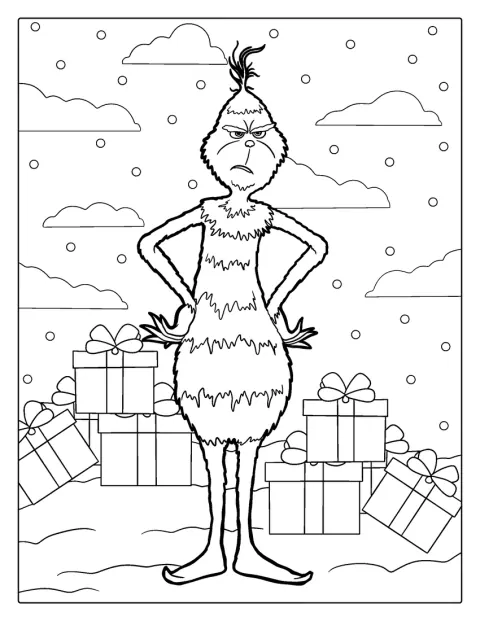 Grinch marszczy brwi w świątecznej scenerii.