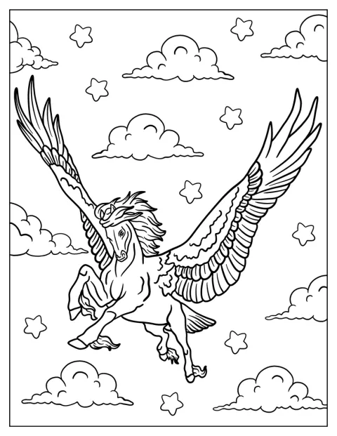 Ein realistischer Pegasus steht vor einem funkelnden Nachthimmel.