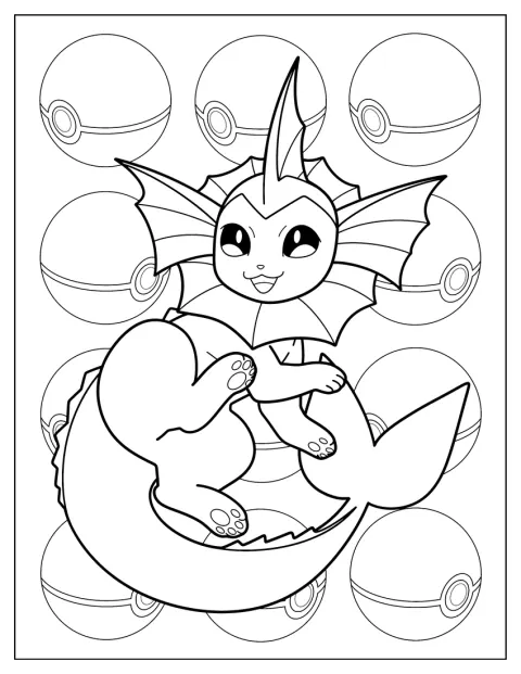 Vaporeon staat voor een achtergrond vol Pokéballs.