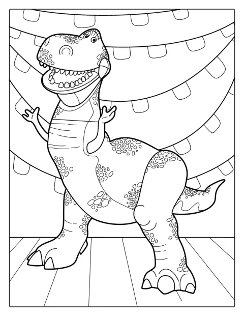 Rex, le dinosaure, se tient debout et regarde devant lui.