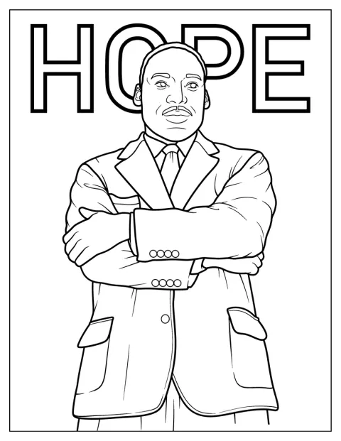 Martin Luther King Jr. blickt ernst; hinter ihm steht das Wort „Hope“.
