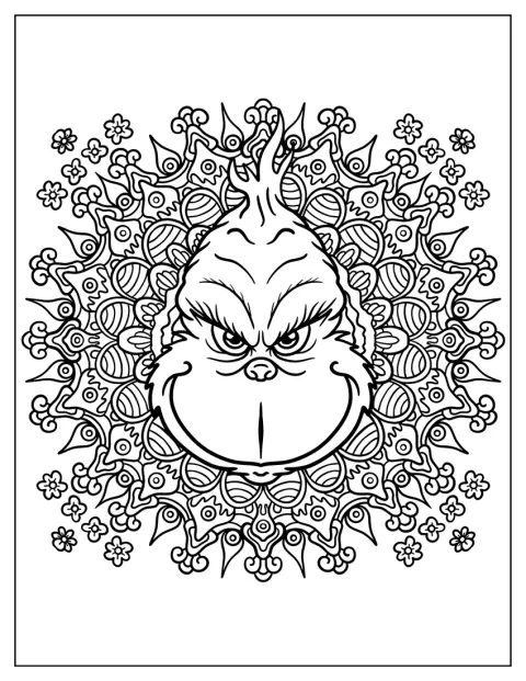 O Grinch sorri ao centro de uma mandala com padrões intrincados.