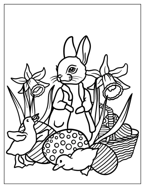 Peter Rabbit Coloring Page Surrounded By Ducklings And Easter Eggs