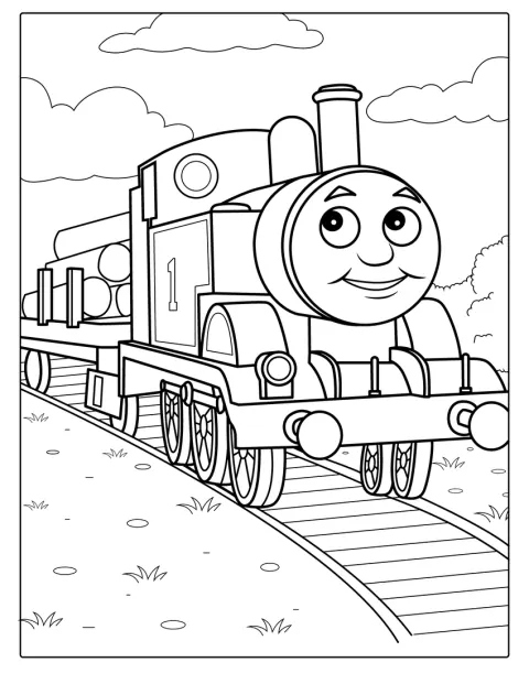 Thomas zieht einen Waggon voller Baumstämme auf den Gleisen.