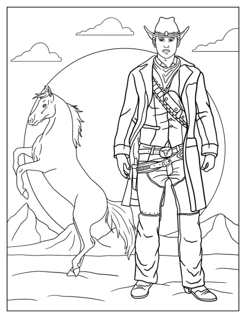 Un cowboy sta accanto al suo cavallo nel deserto.