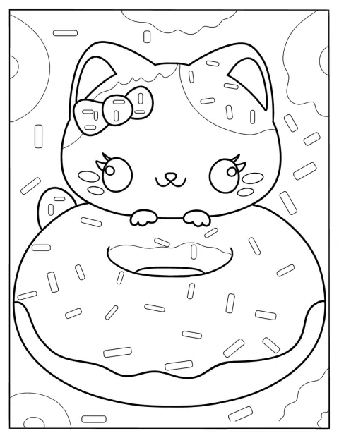 猫が、大きなドーナツのそばにちょこんと座っています。