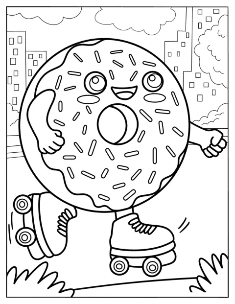 Ein Donut auf Rollschuhen fährt durch einen Park.