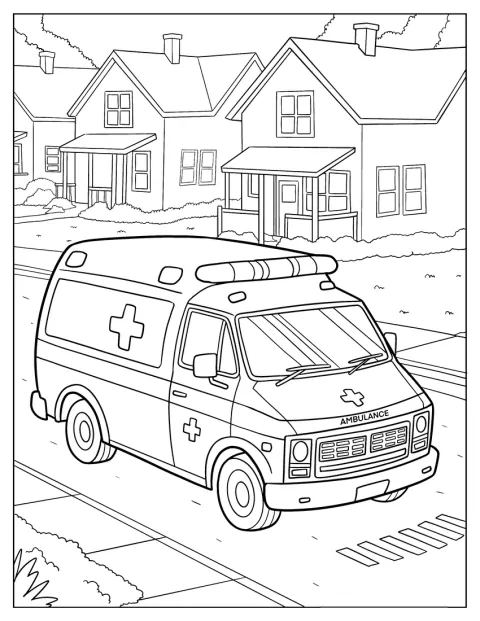 Uma ambulância percorre uma rua ladeada por casas num bairro residencial.