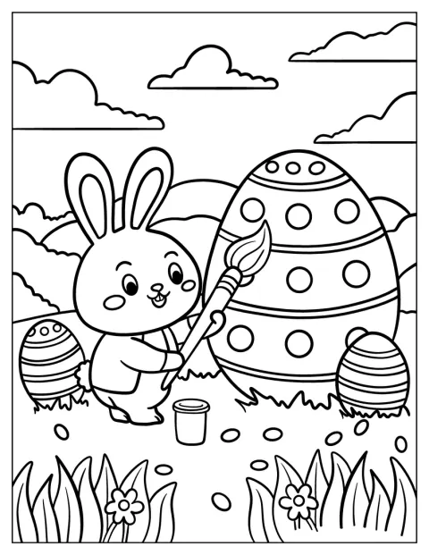 イースターバニーが、大きな筆で特大の卵に絵を描いています。