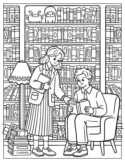 Nastolatki czytają razem w przytulnej bibliotece, otoczone wysokimi regałami.