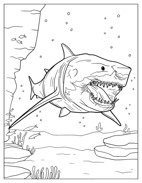Ein realistischer Megalodon mit Narben schwimmt unter Wasser.