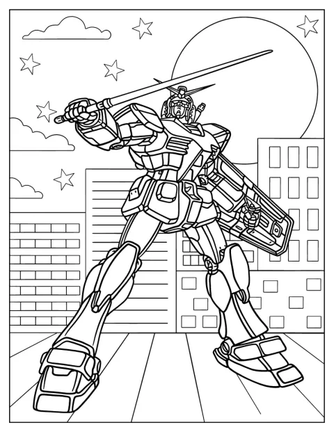 Un Mobile Suit Gundam impugna una spada e porta uno scudo.