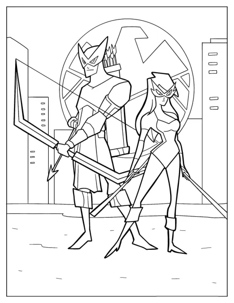 Hawkeye apare alături de Mockingbird într-o ilustrație în stil de desen animat.