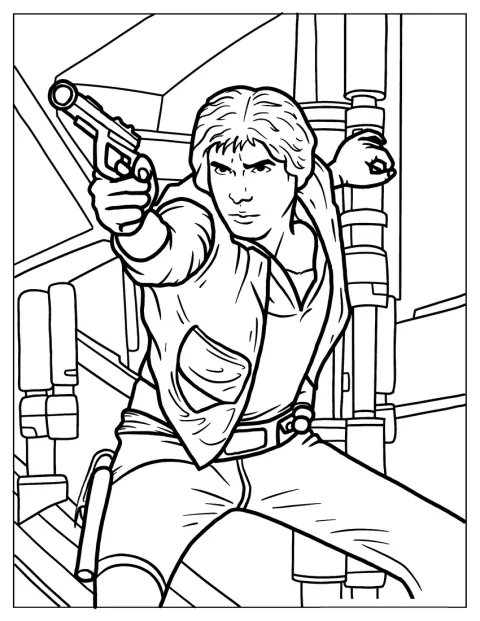 Han Solo schießt mit seiner Blasterpistole.