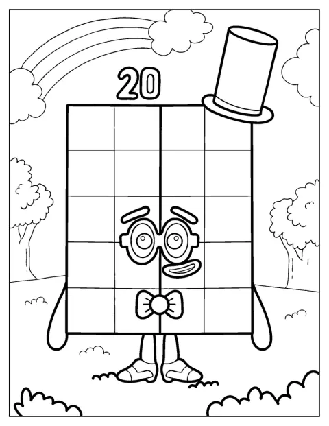 Numberblocks 20 indossa un cappello e un papillon.