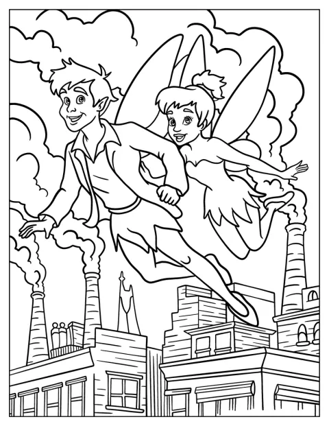 Helinä-keiju lentää Peter Panin kanssa Lontoon yllä.