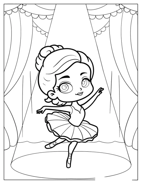 Egy chibi balerina táncol a színpadon, reflektorfényben.