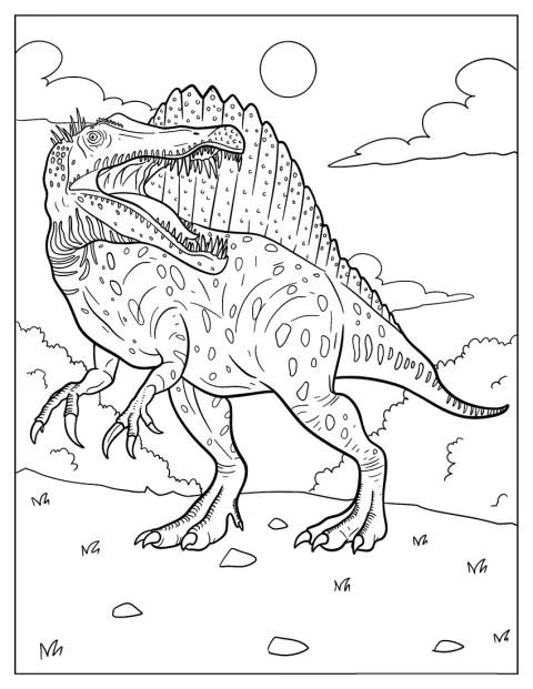 Un Spinosaurus mare își etalează creasta înaltă și dinții ascuțiți.
