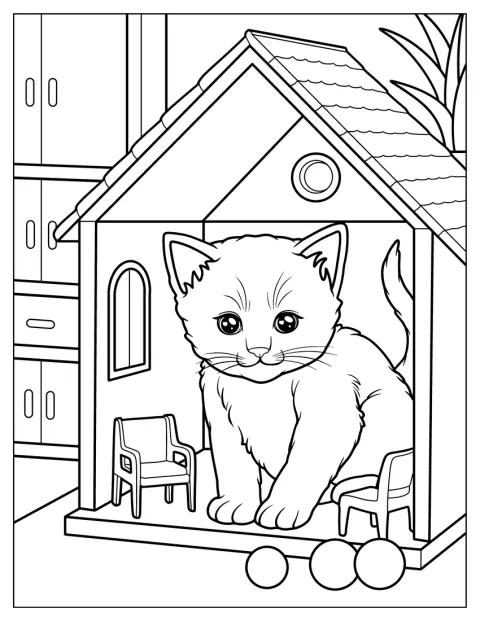 Tiny Kitten Coloring Page Inside Toy House with Balls Outside for Kids