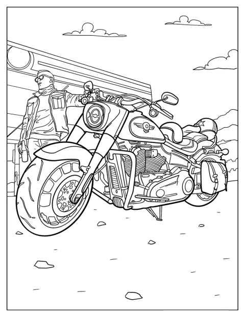 En biker står intill sin Harley Davidson-motorcykel.