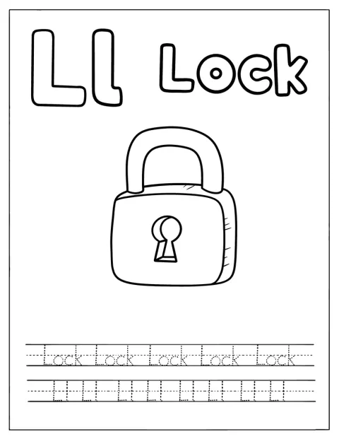Lの文字と鍵の絵をなぞって練習するワークシートです。