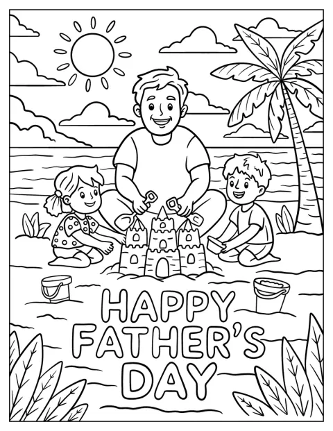 Dad Building Sandcastle With Son And Daughter On Shore Father's Day Coloring Page