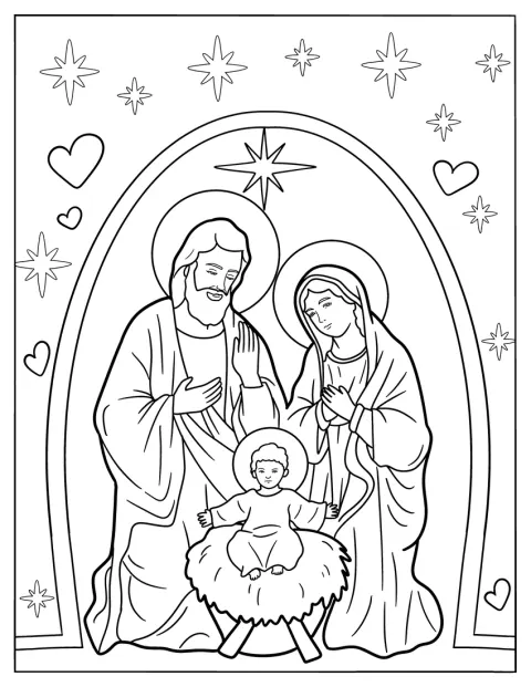 Maria e Giuseppe stanno accanto a Gesù Bambino, tutti con un’aureola.