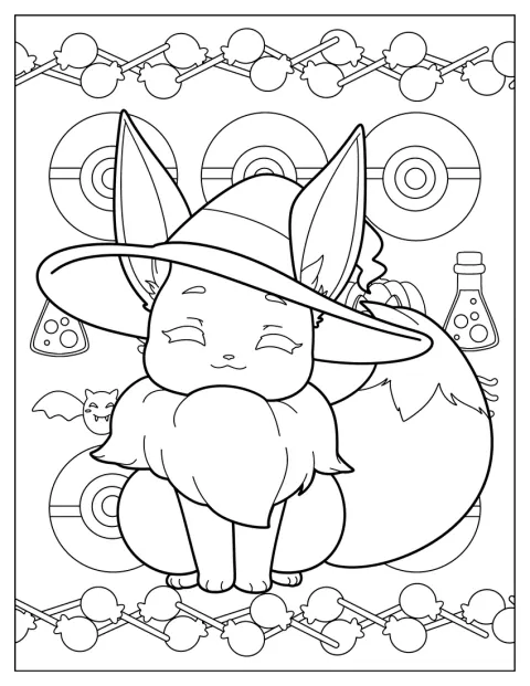 Eevee har på seg en heksehatt og gjør seg klar til Halloween.