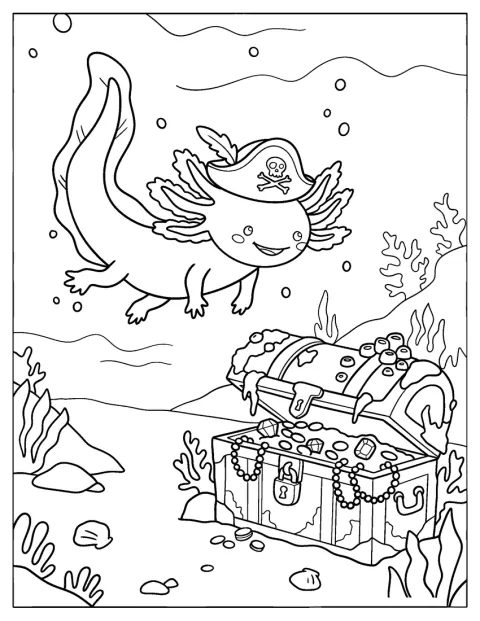 A kalóz axolotl egy kincsesládára bukkan a víz alatt.