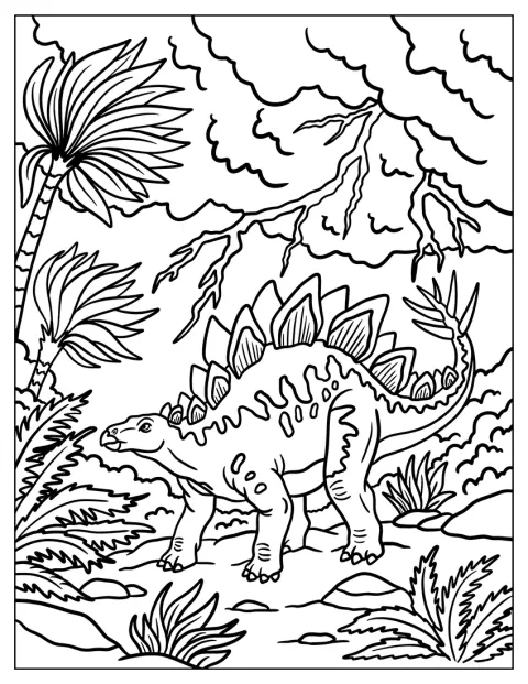 En Stegosaurus vandrer gjennom bregner nær en vulkan.