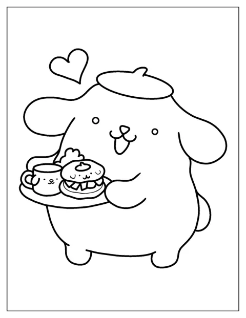 Pompompurin serverar kaffe och en hamburgare.