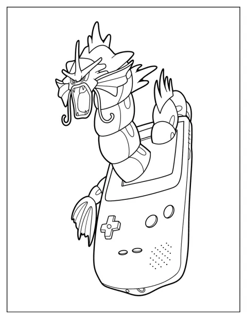 Gyarados bryter ut av skjermen på en Game Boy.